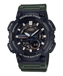 Casio Men's Watch Analog & Digital Combo, Black Dial Green Resin Strap, AEQ-110W-3AVDF