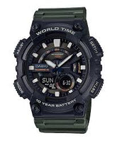 Casio Men's Watch Analog & Digital Combo, Black Dial Green Resin Strap, AEQ-110W-3AVDF