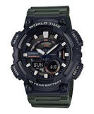 Casio Men's Watch Analog & Digital Combo, Black Dial Green Resin Strap, AEQ-110W-3AVDF