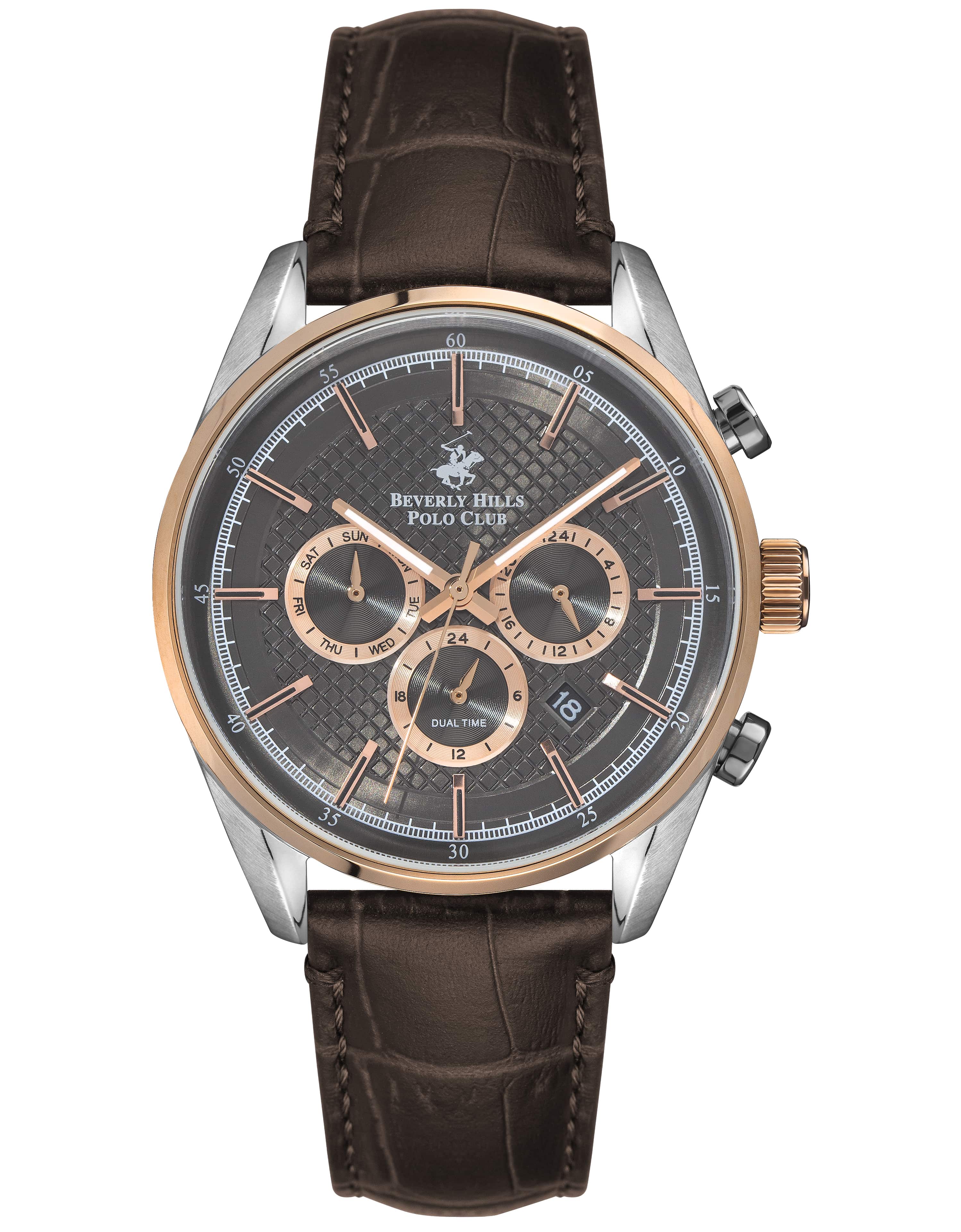 Beverly Hills Polo Club Men's Analog Watch, Grey Dial Multi-Function 3 Hands Brown Leather Strap, BP3004X.562