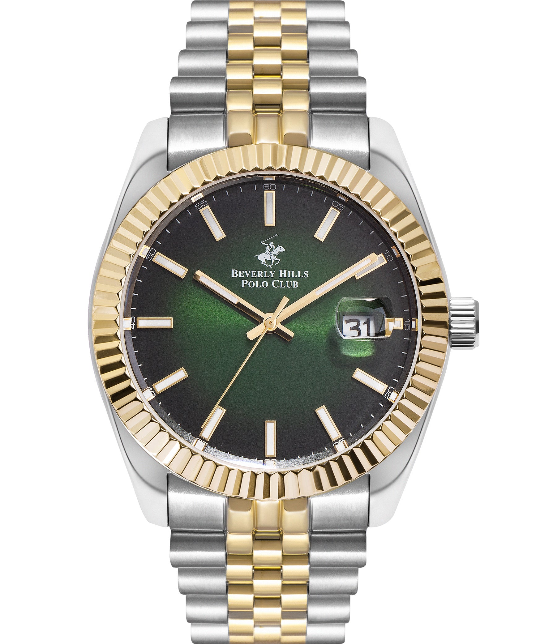 Beverly Hills Polo Club  Men's Analog Watch, Green Dial Silver & Gold Stainless Strap,BP3018X.270