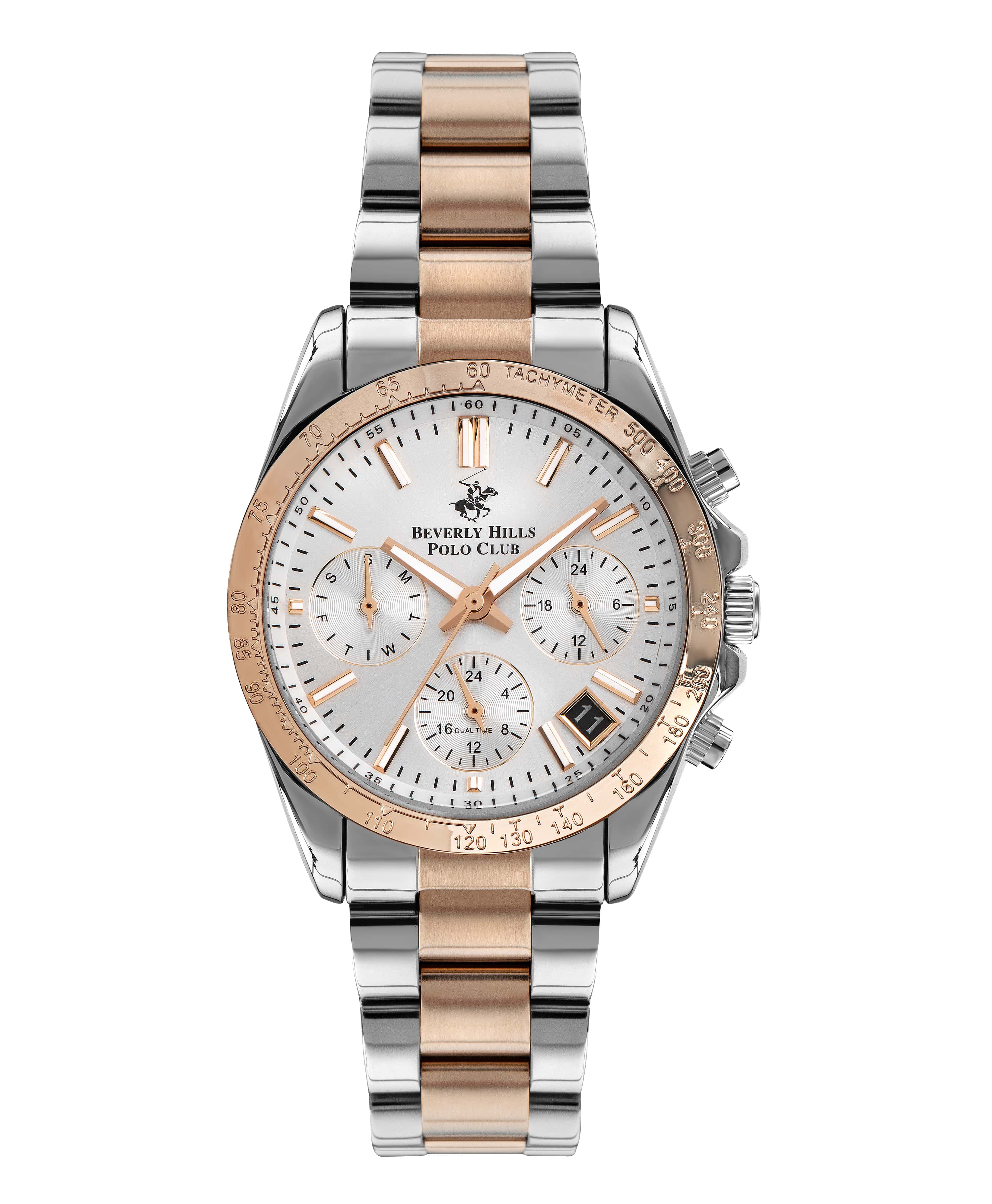 Beverly Hills Polo Club Women's Watch Analog, Silver Dial Silver & Gold Stainless Strap, BP3204C.530