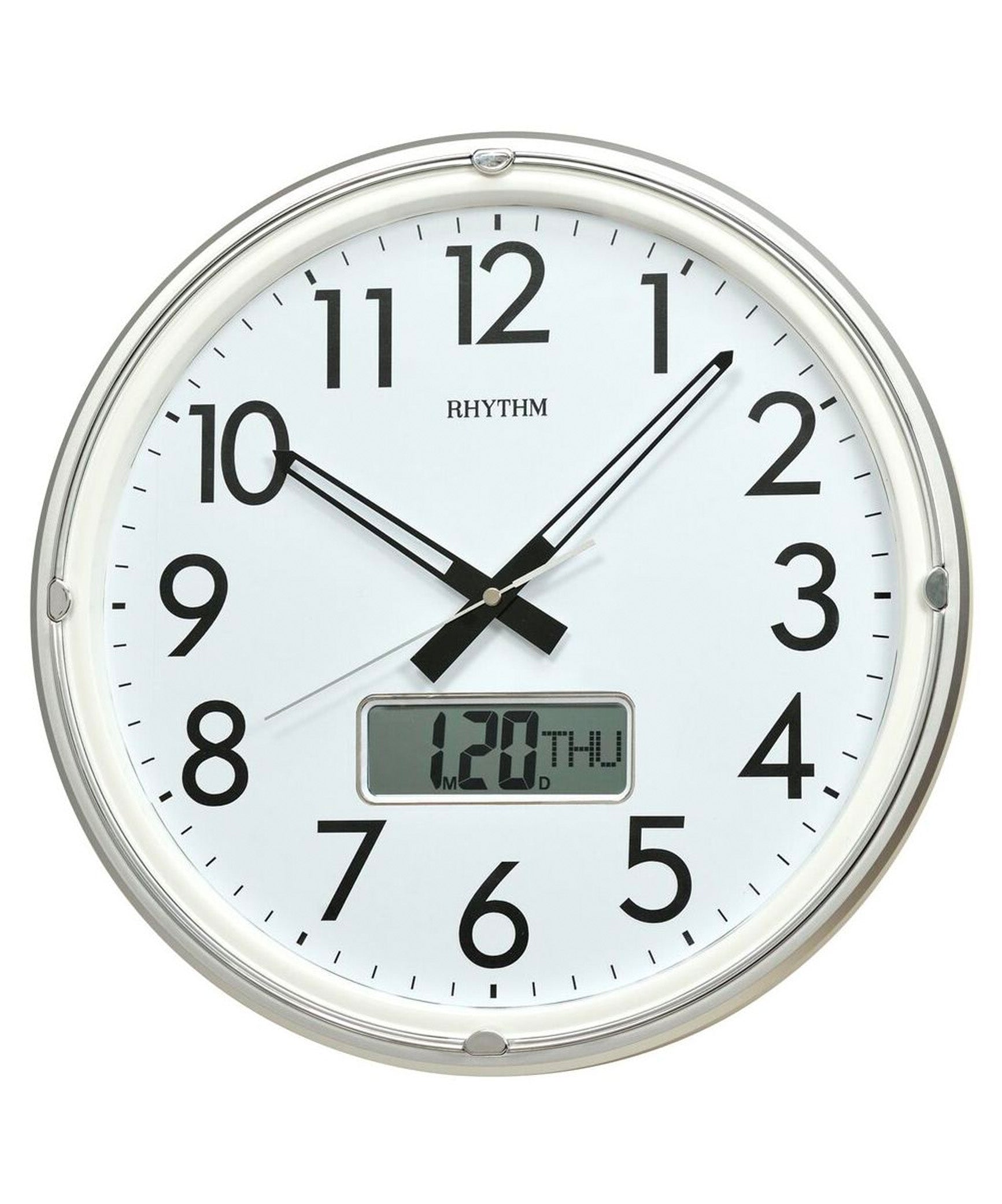 Rhythm, Digital Analog Wall Clock, Silver, CFG717NR19