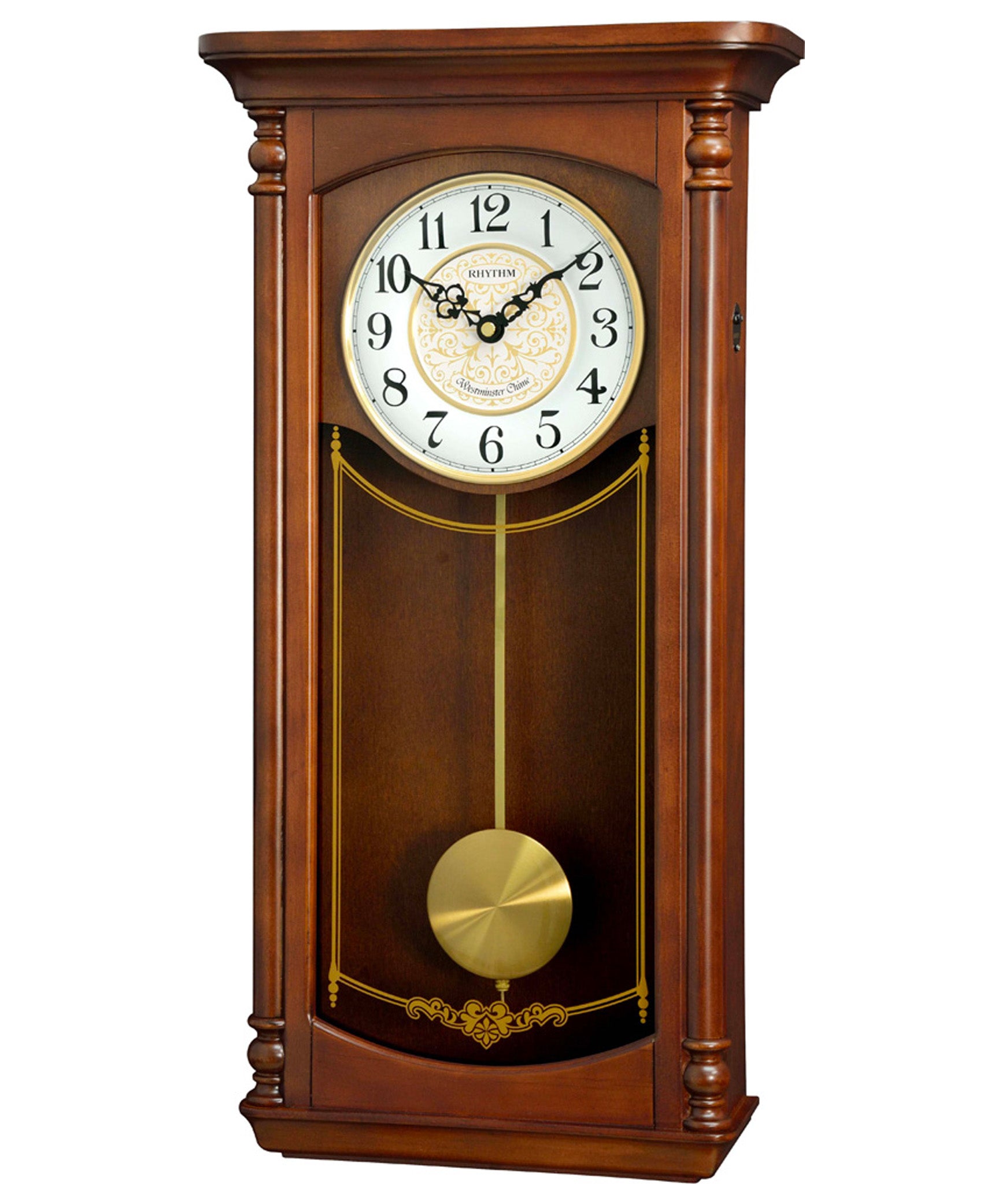 Rhythm Wall Clock, Analog White Dial Brown Wooden Case Pendulum Décor Clock Antique & Classic Series, CMJ581NR06