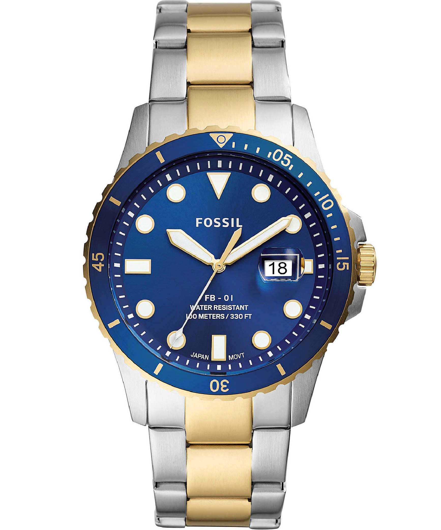 Fossil Men's Watch Analog, FB-01 Blue Dial Silver & Gold Stainless Steel Band, FW-FS5742