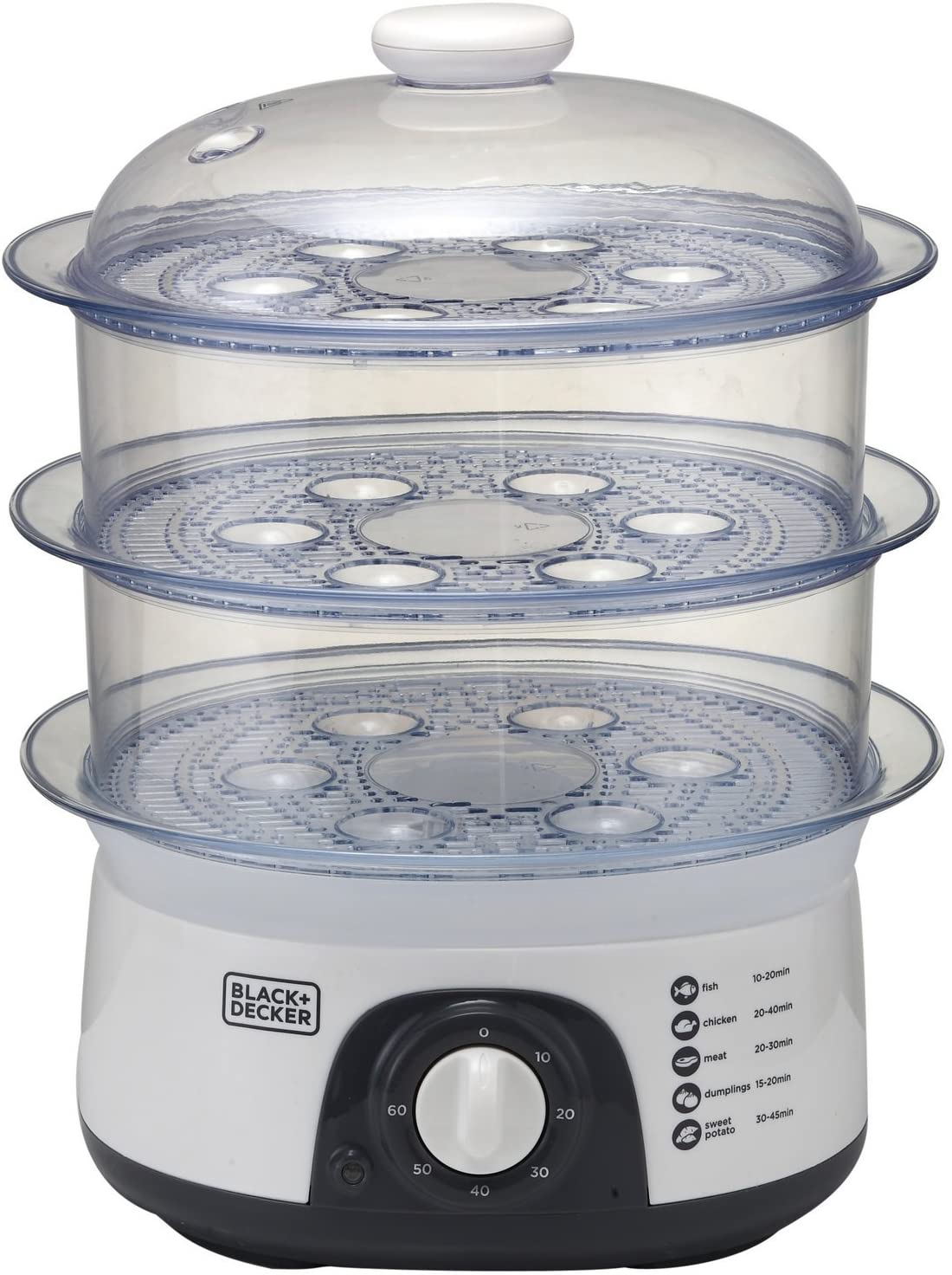 Black+Decker, 775W 10 L 3-Tier Food Steamer with Timer, White, HS6000-B5