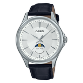 Casio Men's Watch, Moon Phase Executive Silver Dial, Black Leather Strap, MTP-M100L-7AVDF
