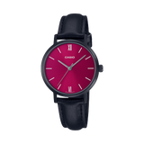 Casio Women's Watch Analog, Red Dial Black Leather Strap, LTP-VT02BL-4AUD