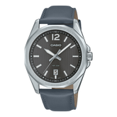 Casio Men's Watch Analog, Black Dial Grey Leather Strap, MTP-E725L-8AVDF