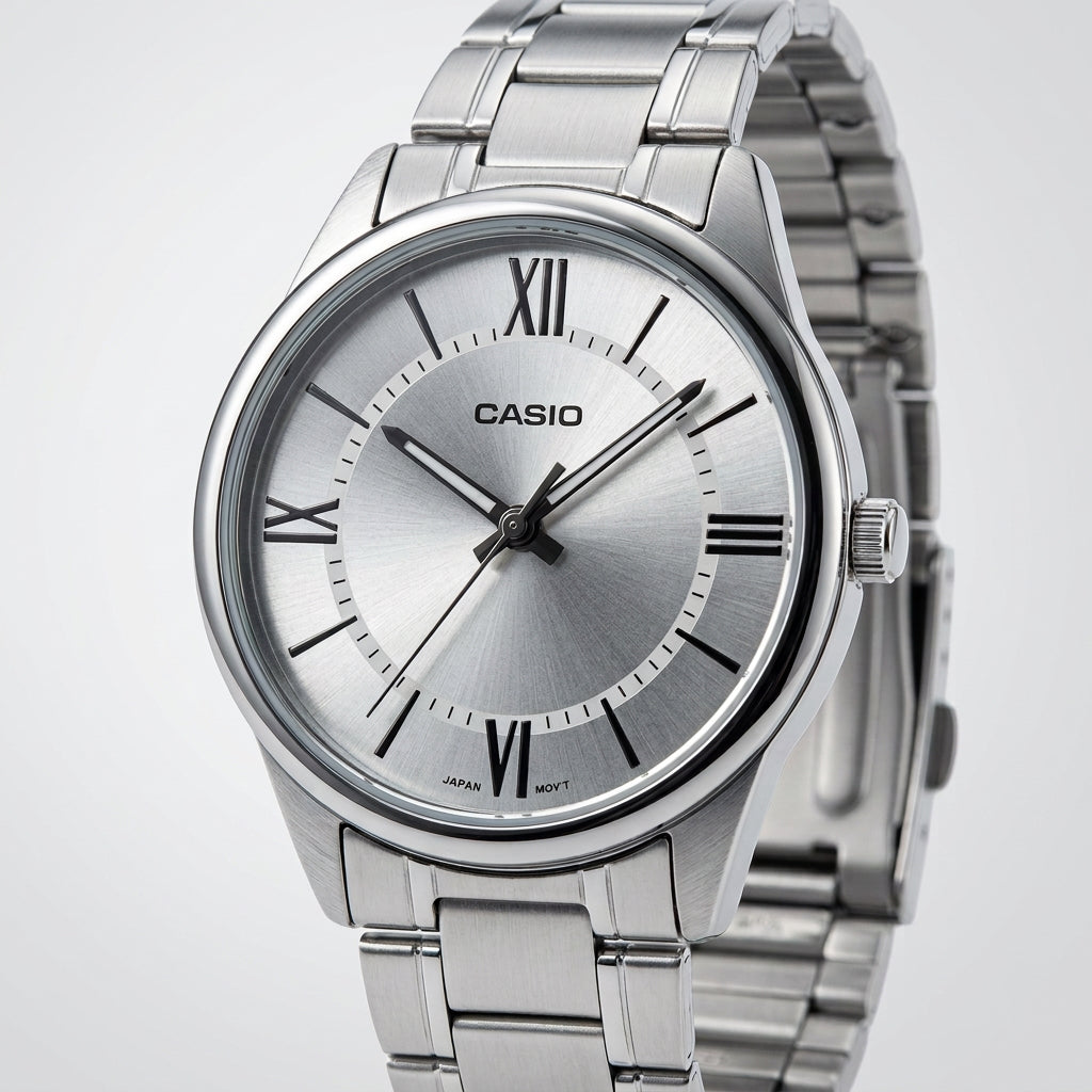 Casio men analog watch, silver dial with comfortable strap, model CS-MTP-V005D-7B5UD, Bahrain