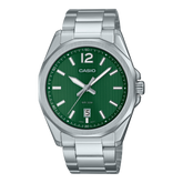 Casio Men's Watch Analog, Green Dial Silver Stainless Steel Strap, MTP-E725D-3AVDF