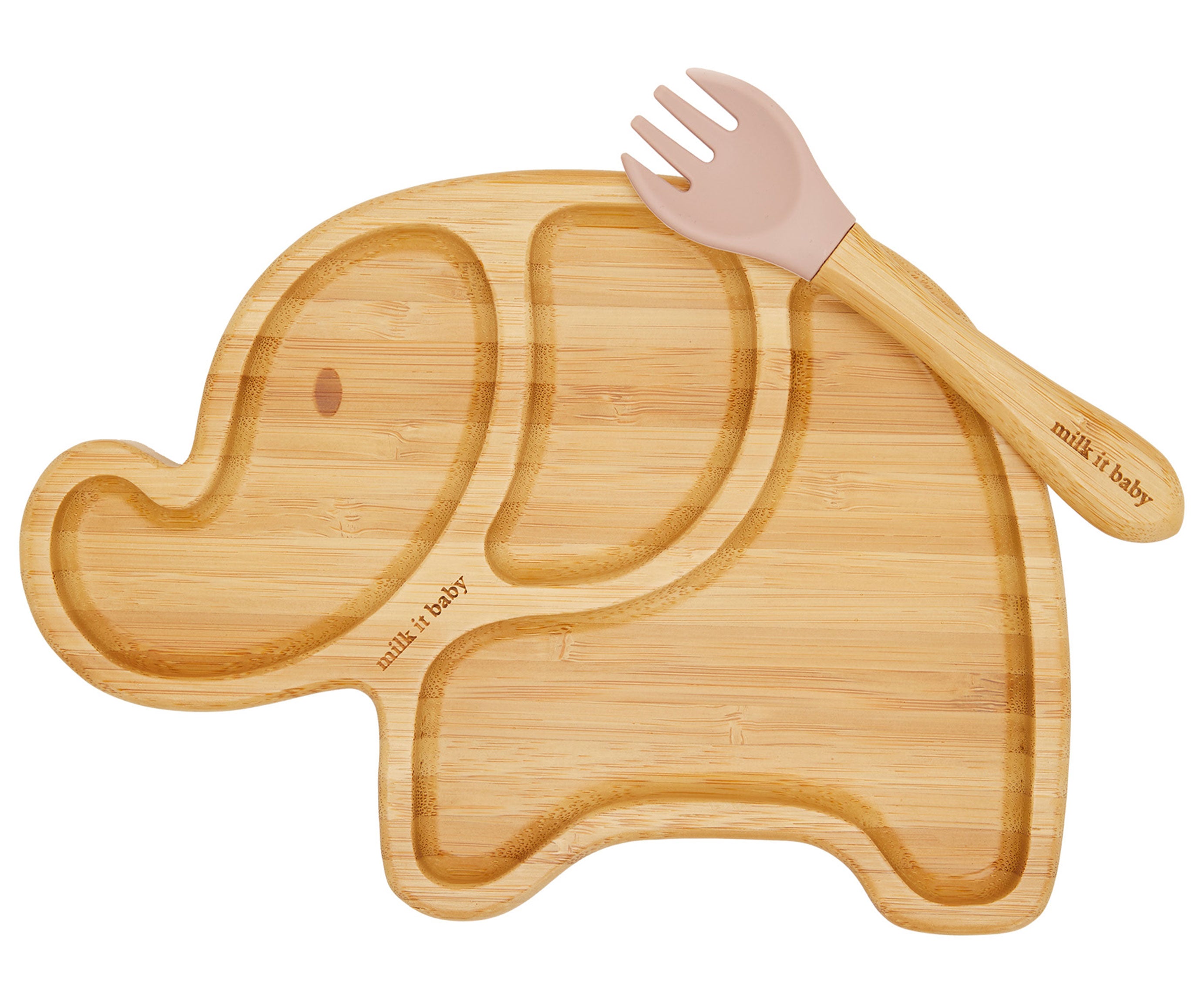 Milk It Baby, Bamboo Elephant Suction Plate & Fork Set, Dusty Pink, MI-BAMEDP002