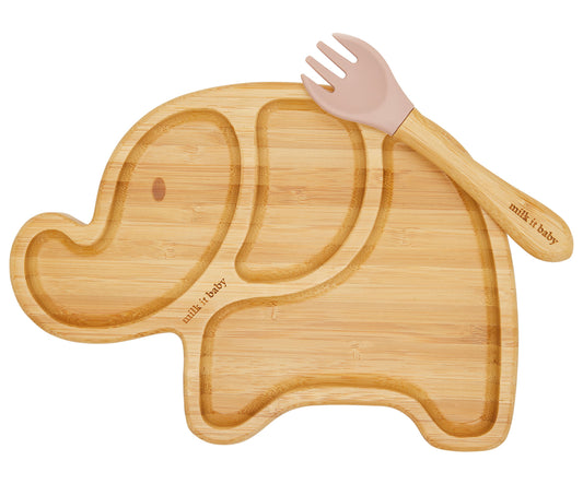 Milk It Baby, Bamboo Elephant Suction Plate & Fork Set, Dusty Pink, MI-BAMEDP002