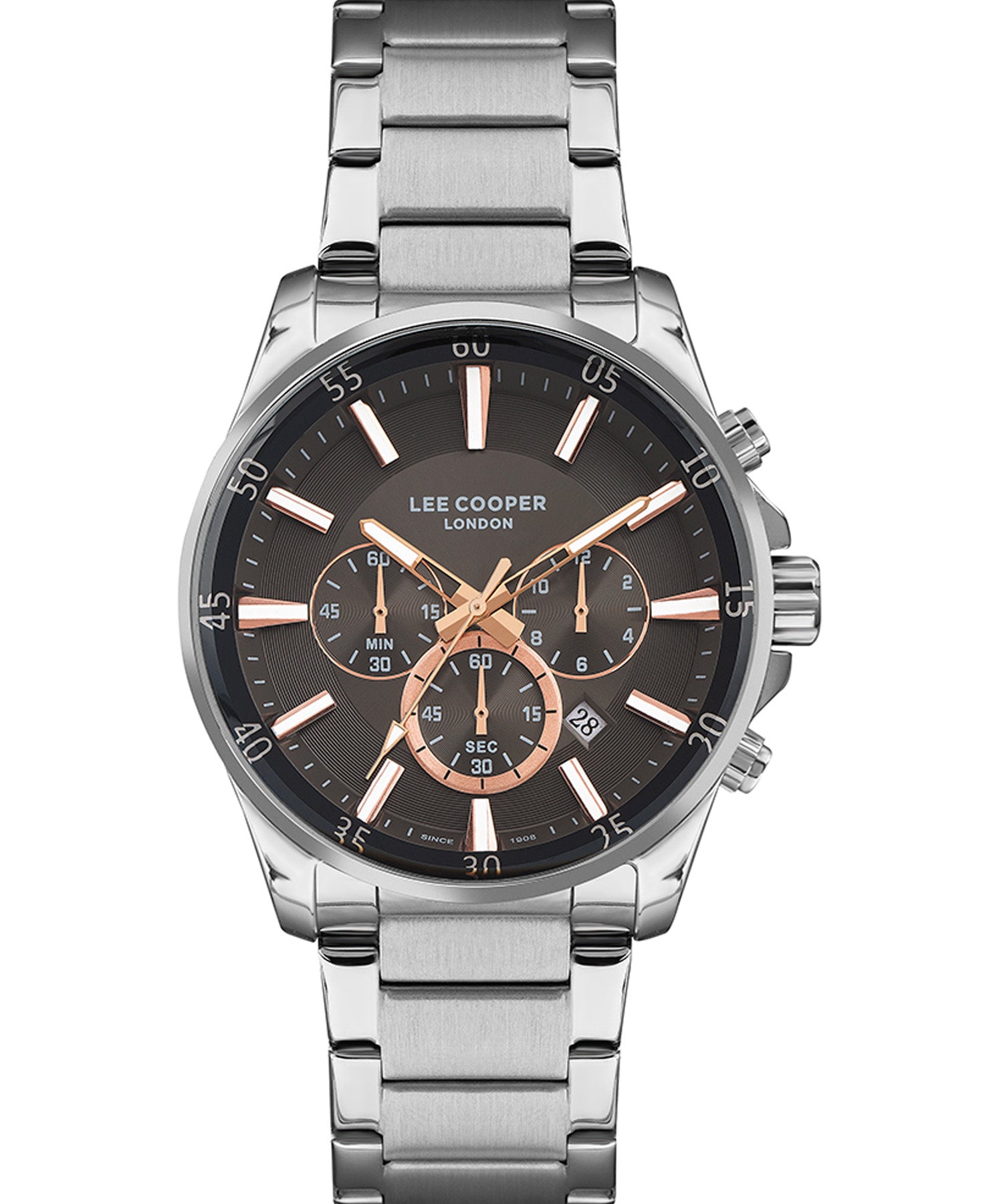 Lee Cooper Men's Chronograph Watch Black Dial Silver Metal Strap, LC07322.360