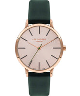 Lee Cooper Women's Watch Rose Gold Dial Green Leather Strap, LC07646.417