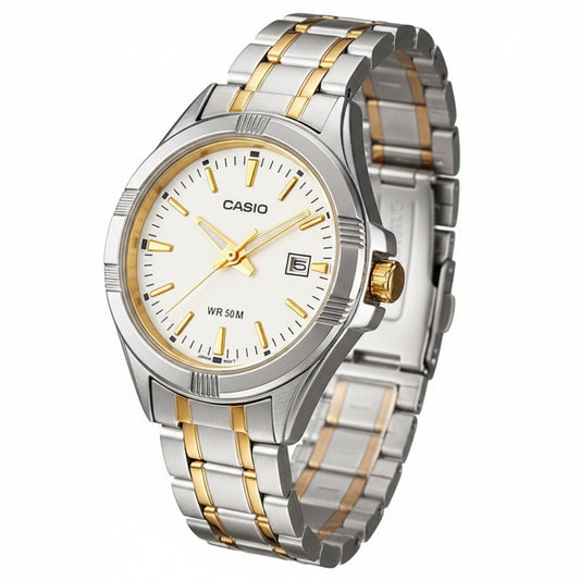 Casio men analog watch, white dial with comfortable strap, model CS-LTP-1308SG-7AVD, Bahrain