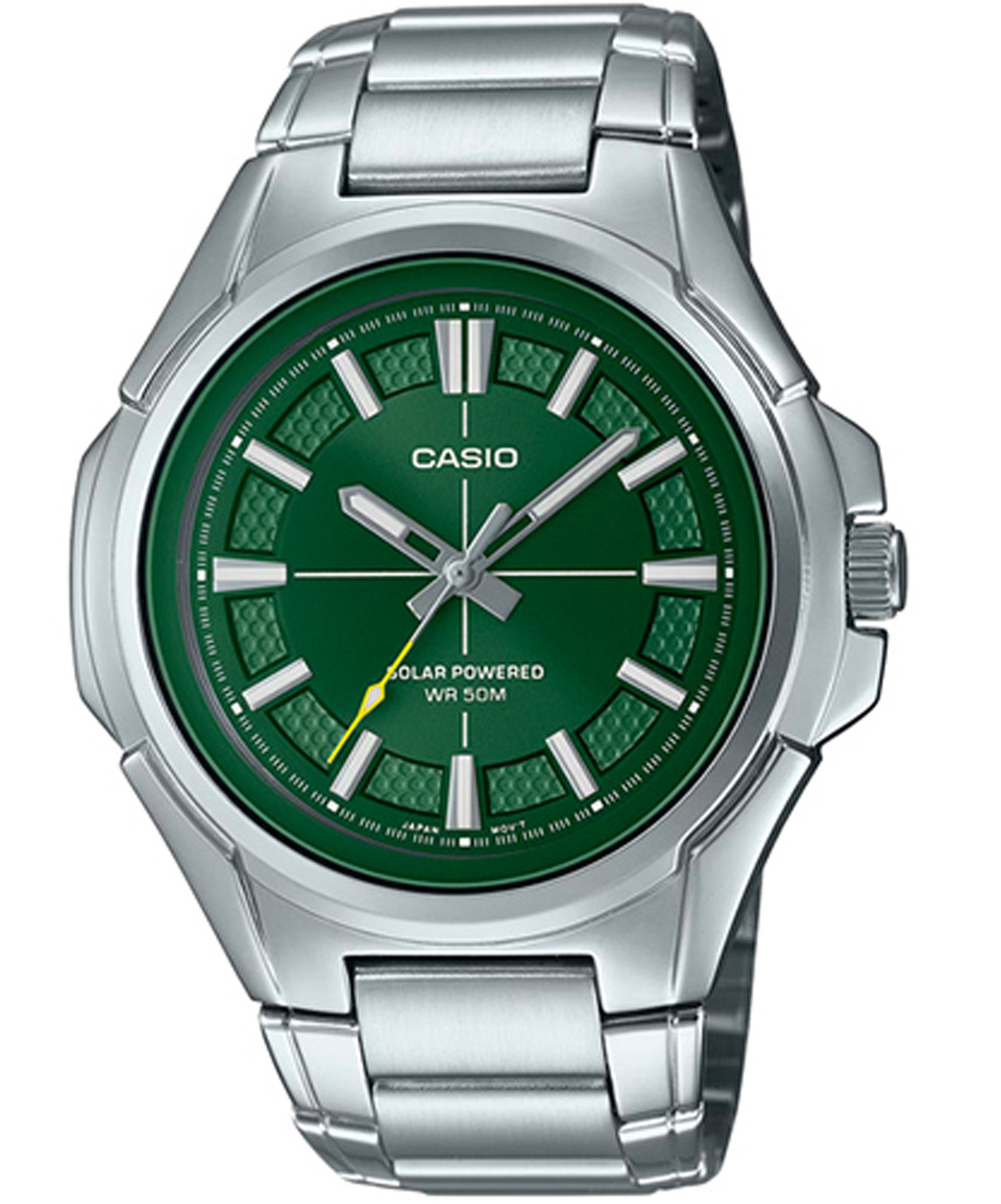 Casio Men's Watch, Solar powered Analog , Green Dial Silver Stainless Steel Strap, MTP-RS100D-3AVDF