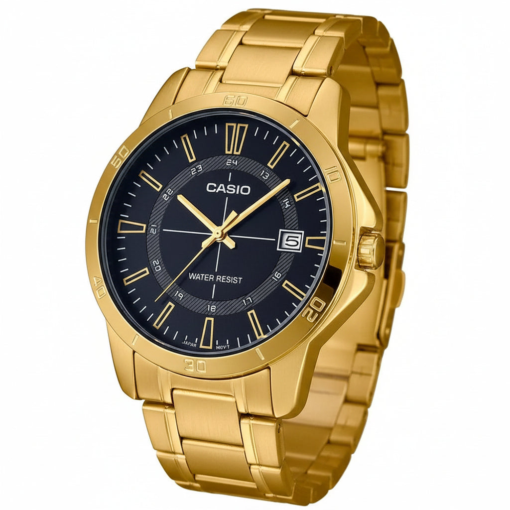 Casio men analog watch, black dial with comfortable strap, model CS-MTP-V004G-1CUDF, Bahrain