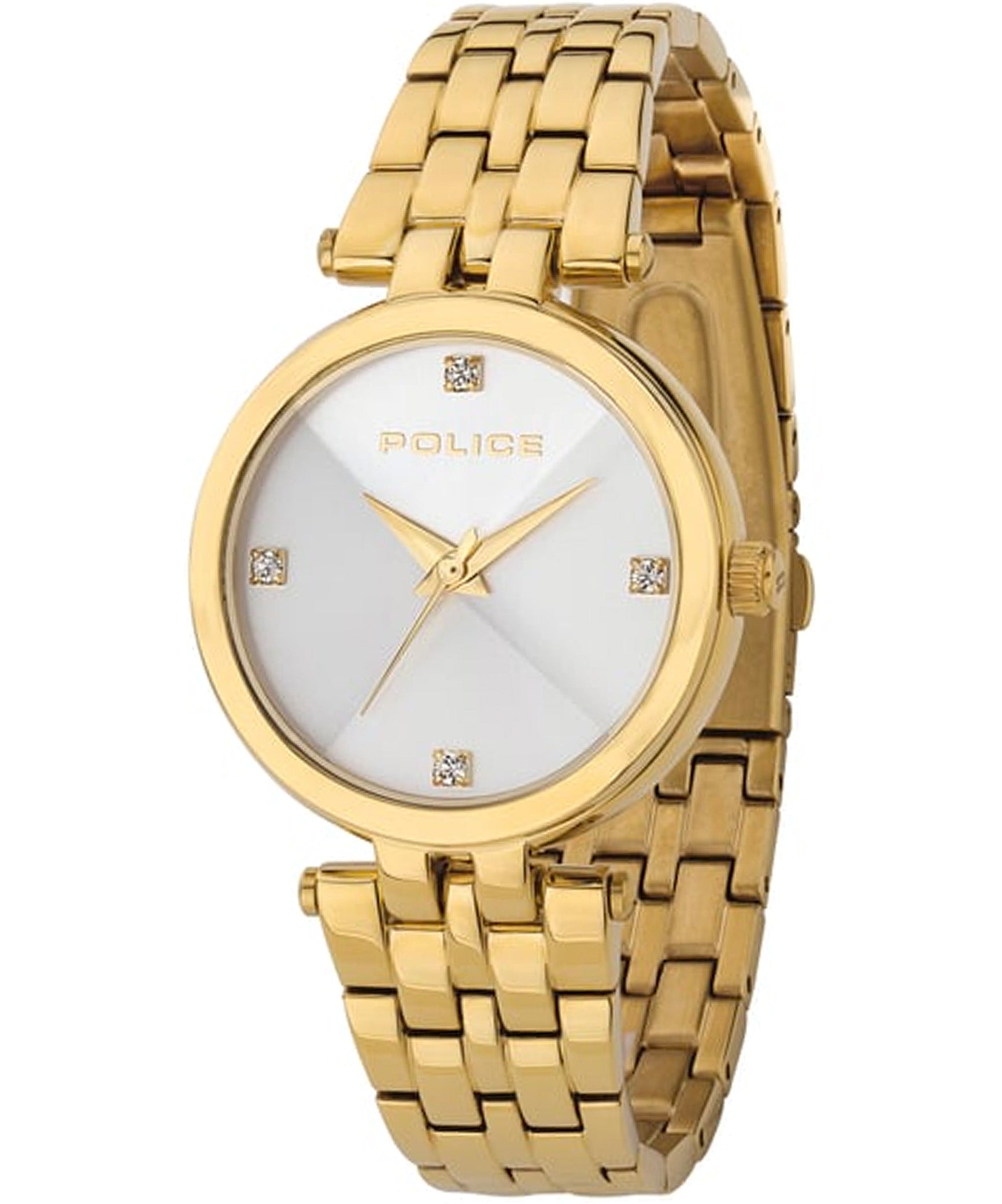 Police Women's Watch Analog, Pyramid White Dial Gold Stainless Band, P14870BSG-D0