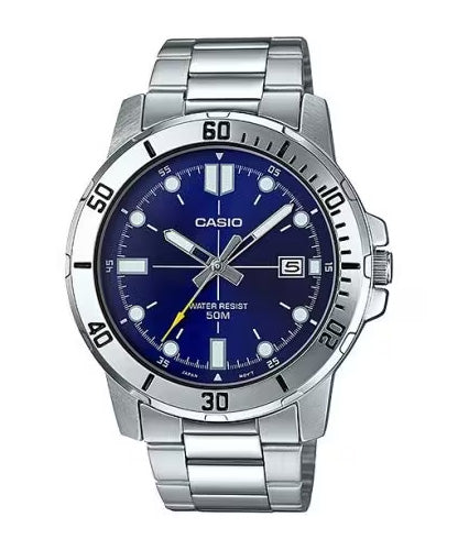 Casio Men's Watch Analog, Blue Dial Silver Stainless Steel Strap, MTP-VD01D-2EVUD