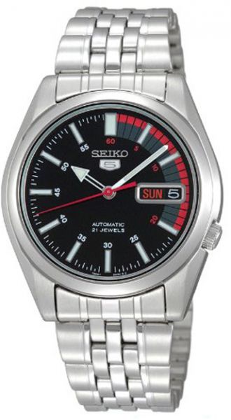 Seiko Men's Mechanical Watch Analog, Black Dial Silver Stainless Band, SNK375J