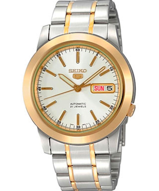 Seiko Men's Mechanical Watch Analog, White Dial Silver & Gold Stainless Band, SNKE54J authentic Seiko watch with original box and warranty papers