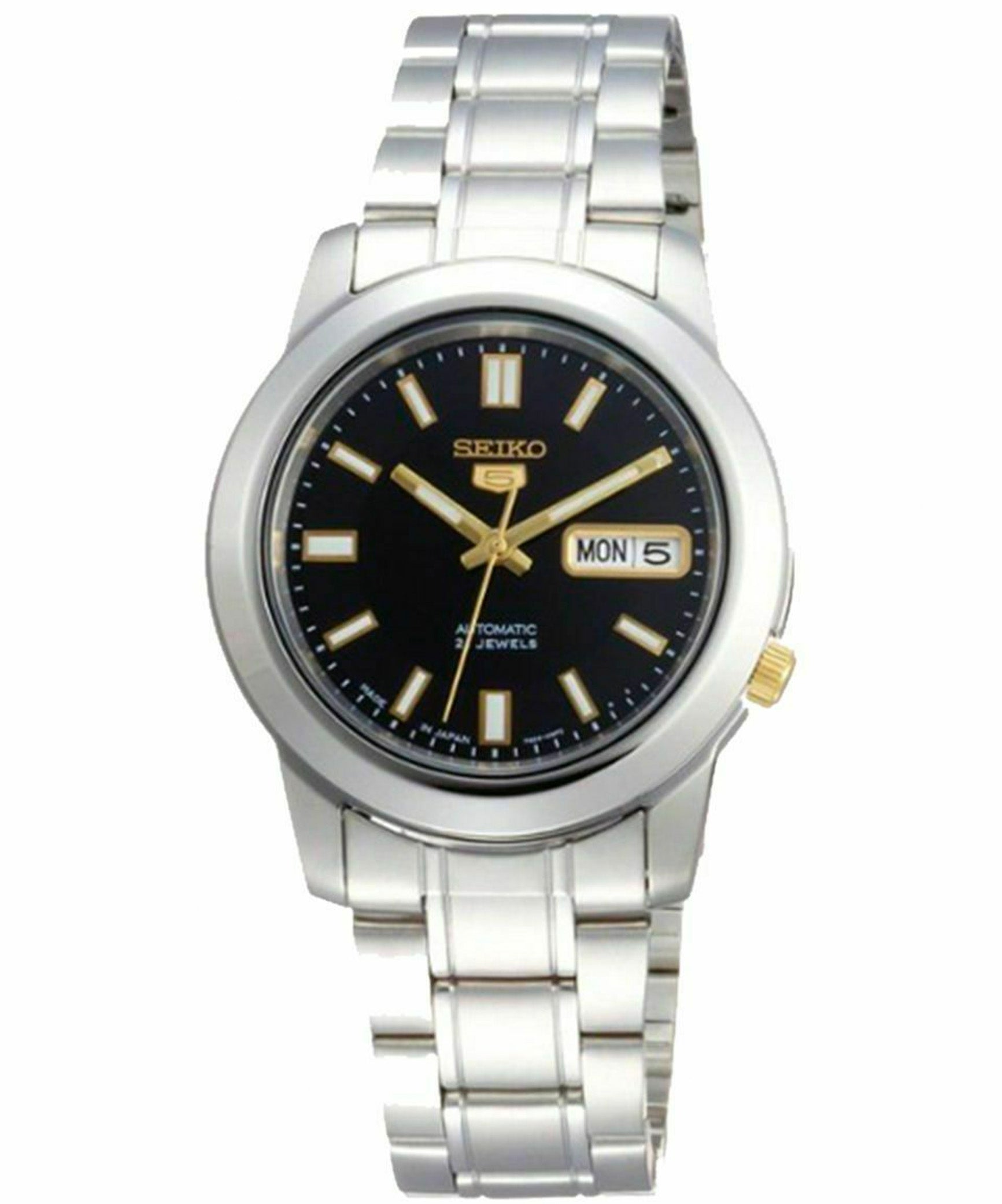 Seiko Men's Mechanical Watch, Automatic 21 Jewels Black Dial Silver Stainless Band, SNKK17J