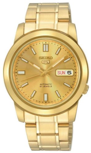 Seiko Men's Mechanical Watch Analog, Gold Dial Gold Stainless Band, SNKK20J