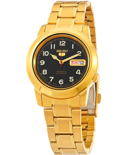 Seiko Men's Mechanical Watch Analog, Black Dial Gold Stainless Band, SNKK40J authentic Seiko watch with original box and warranty papers