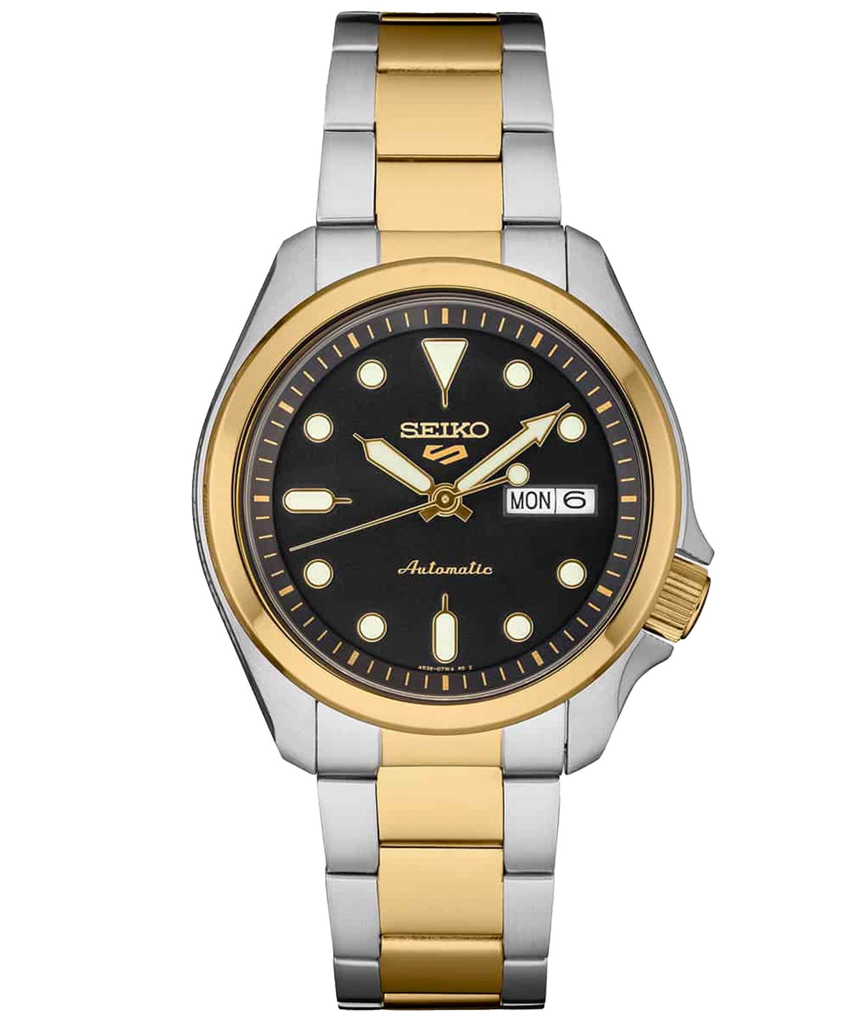Seiko Men's  Mechanical Watch, Automatic 100m Water Resistance, Black Dial Silver & Gold Stainless Band, SRPE60K