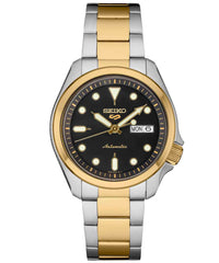 Seiko Men's  Mechanical Watch, Automatic 100m Water Resistance, Black Dial Silver & Gold Stainless Band, SRPE60K