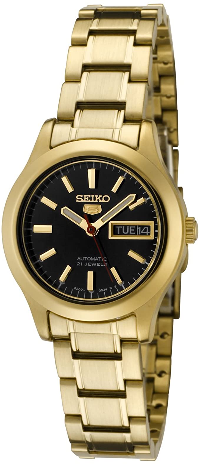 Seiko Women's Mechanical Watch Analog, Black Dial Gold Stainless Band, SYMD96K