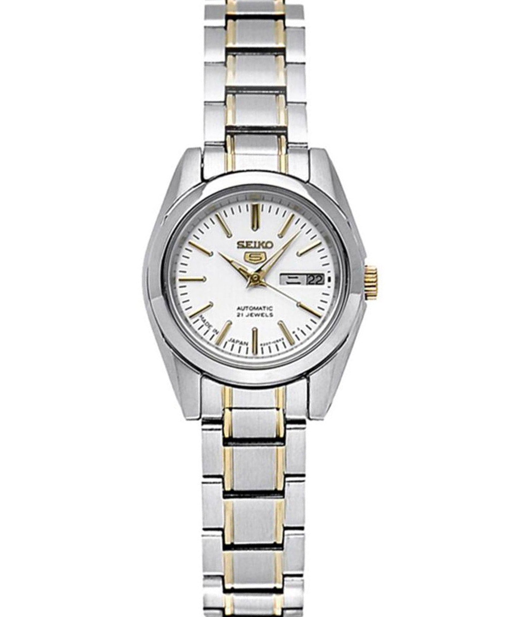 Seiko Women's Mechanical Watch Analog, White Dial Silver & Gold Stainless Band, SYMK19J