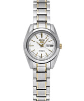 Seiko Women's Mechanical Watch Analog, White Dial Silver & Gold Stainless Band, SYMK19J