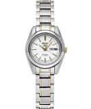 Seiko Women's Mechanical Watch Analog, White Dial Silver & Gold Stainless Band, SYMK19J
