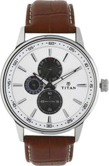 Titan Men's Watch Silver Dial Brown Leather Strap, 9441SL01