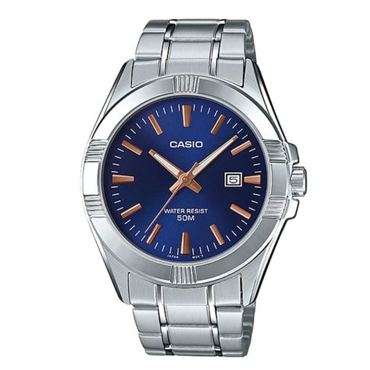 Casio men analog watch, blue dial with silver stainless steel band, model CS-MTP-1308D-2AVDF, Bahrain