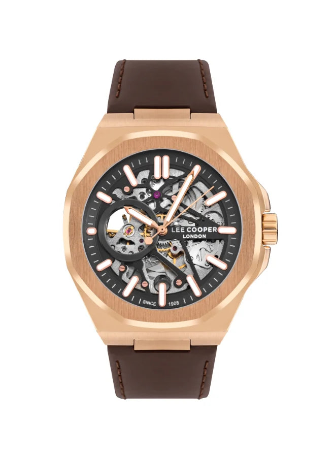 Lee Cooper Men's Automatic Skeleton Watch Gun Dial With Dark Brown Leather Strap,LC07978.454