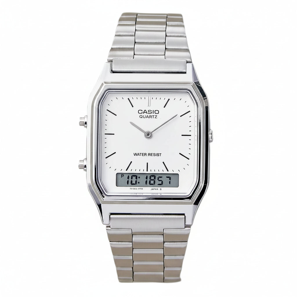 Casio Vintage Unisex Watch Analog-Digital White Dial With Silver Stainless Steel Band, AQ-230A-7DMQD