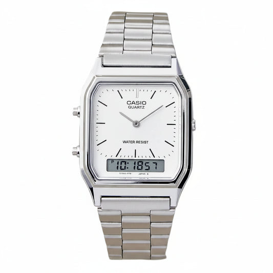 Casio Vintage Unisex Watch Analog-Digital White Dial With Silver Stainless Steel Band, AQ-230A-7DMQD