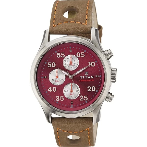 Titan Men's Watch Analog, Maroon Dial With Brown Leather Strap, 1634SL03