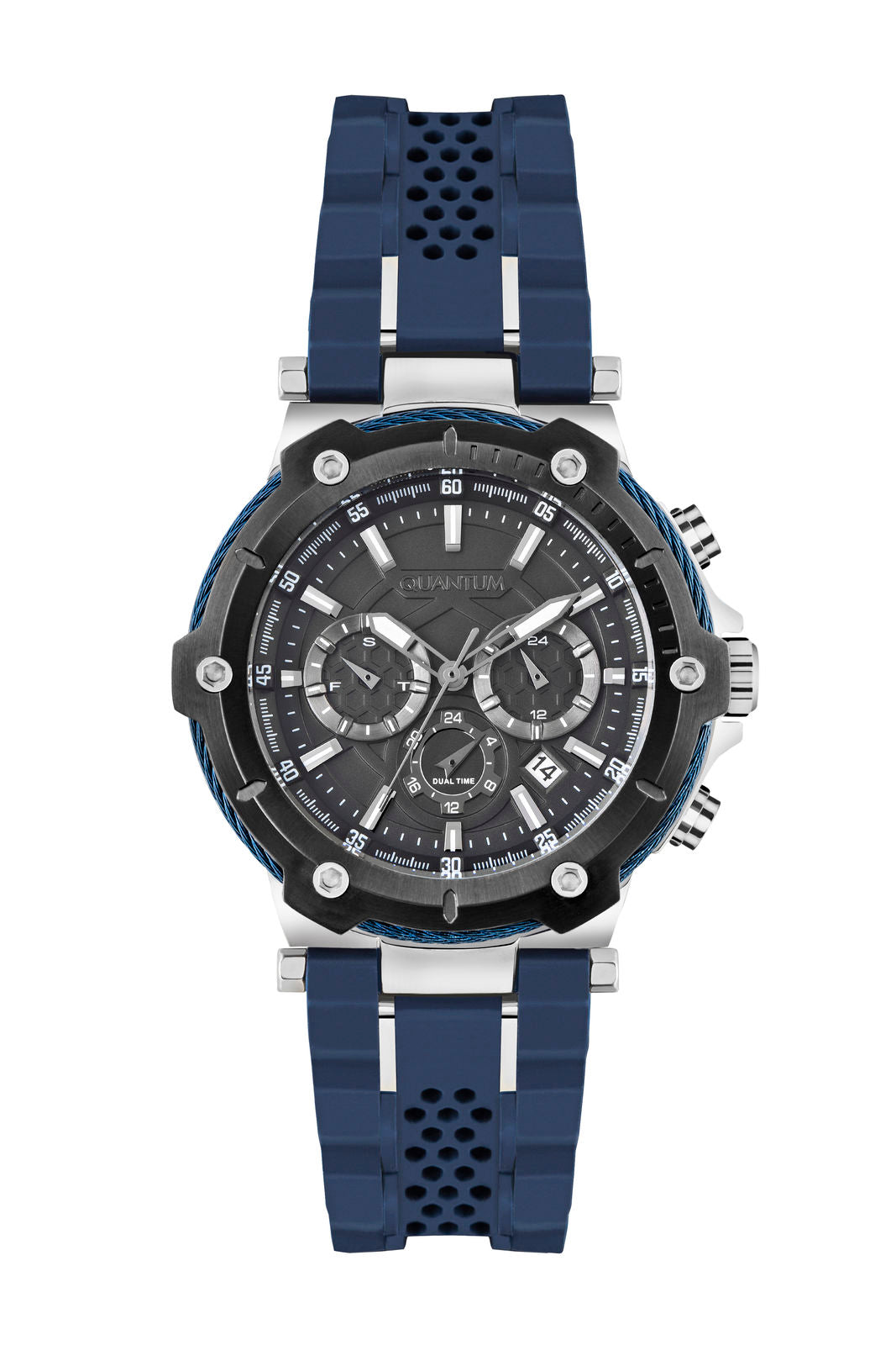 Quantum Men's Watch Analog Black Dial with Blue Silicone Band, HNG791.359