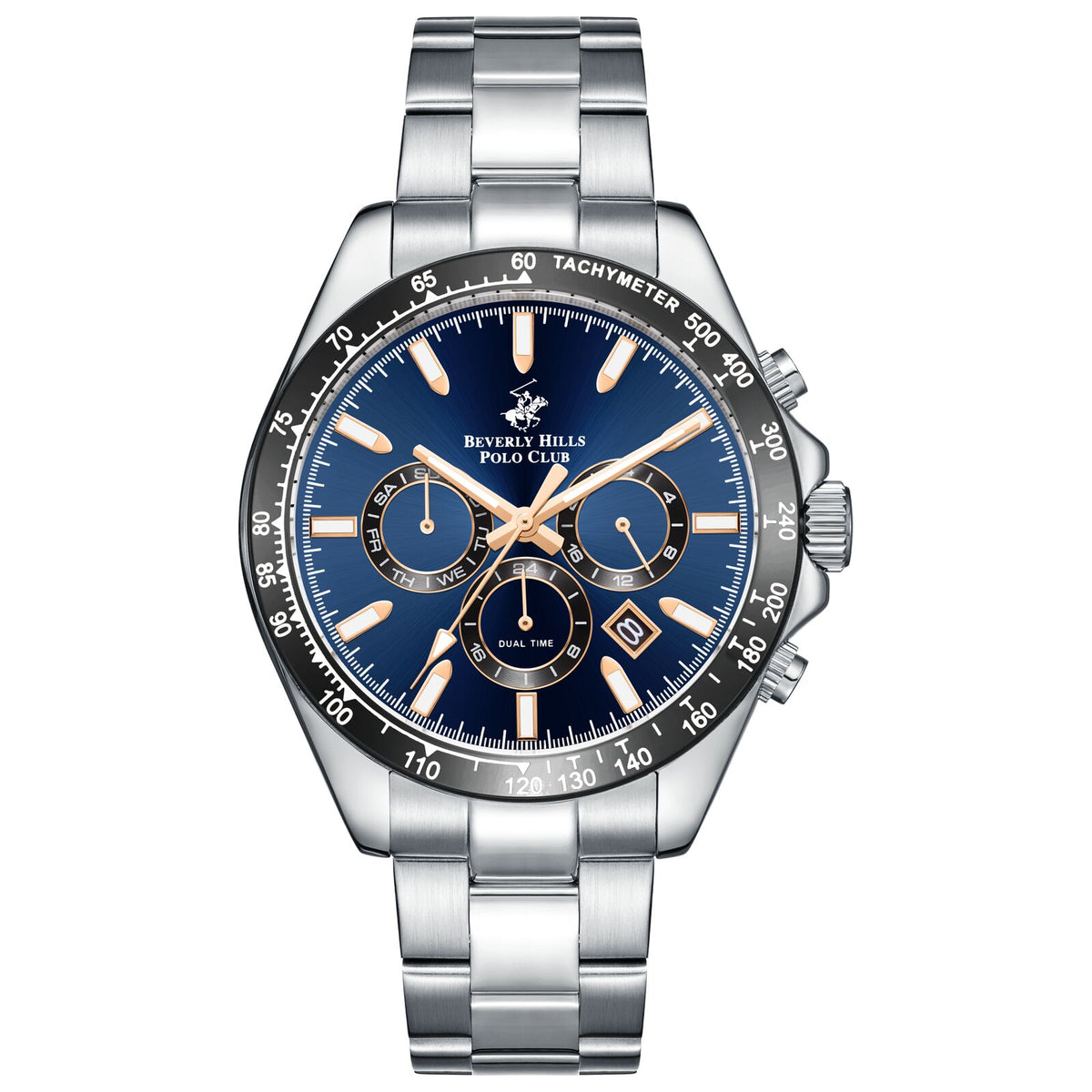 Beverly Hills Polo Club Men's Watch Analog Blue Dial with Silver Stainless Steel Band, BP3127X.391