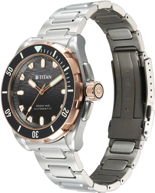 Titan Zero Hour Diver's Series Men's Automatic Watch Black Dial with Silver Stainless Steel Band | 300M Water Resistant, 10069KM02