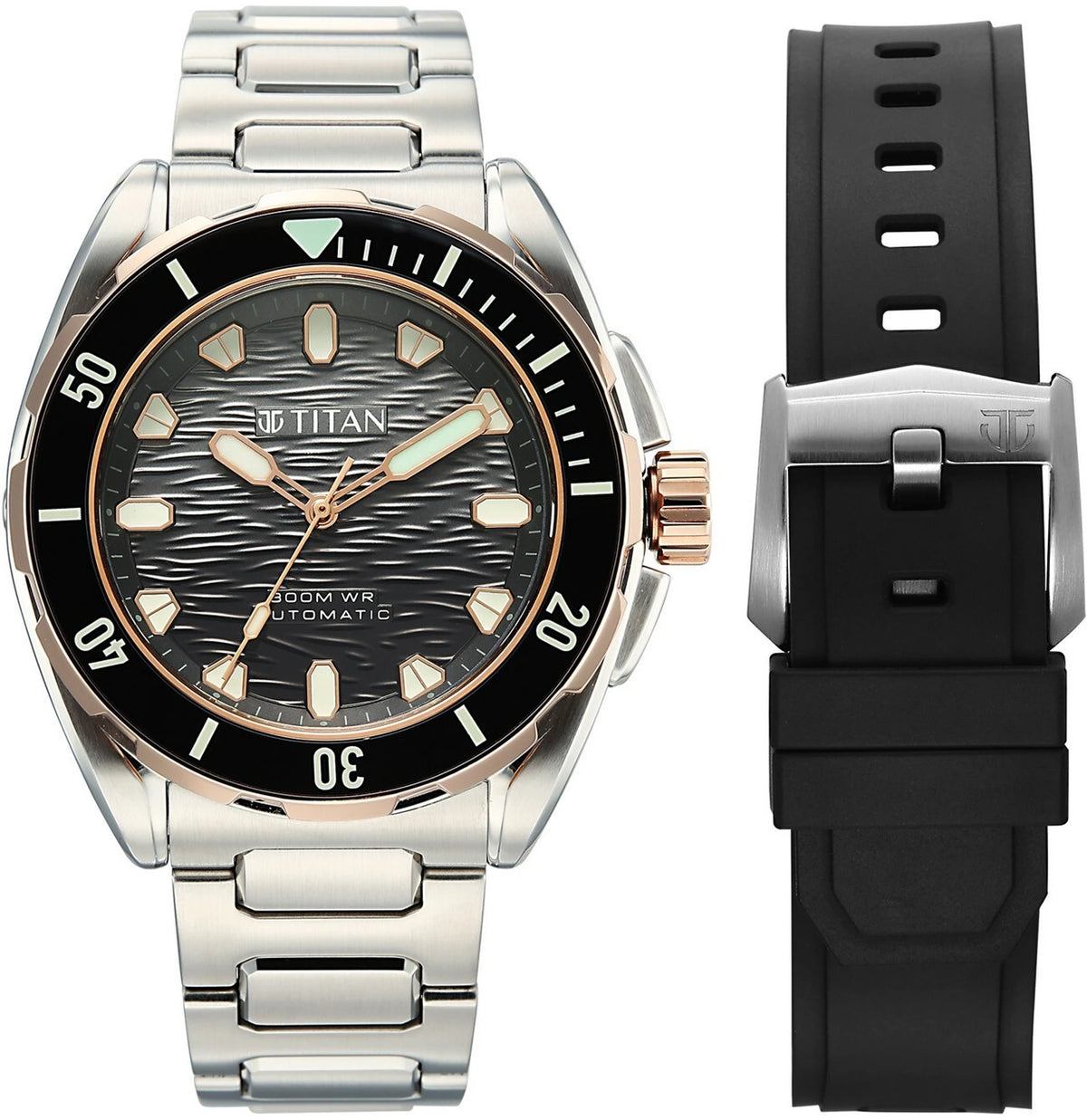 Titan Zero Hour Diver's Series Men's Automatic Watch Black Dial with Silver Stainless Steel Band | 300M Water Resistant, 10069KM02