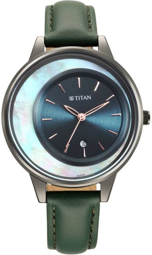 Titan Crescent Women's Watch Analog Blue Dial With Green Leather Strap, 2648QL01