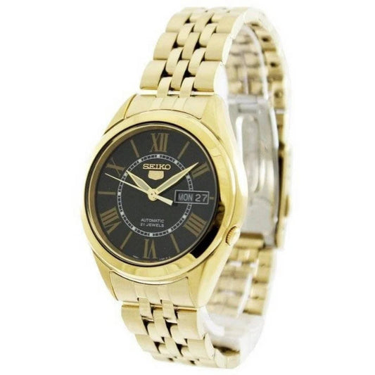 Seiko Men's Mechanical Watch Analog, Black Dial with Gold Stainless Band, SNKL40K