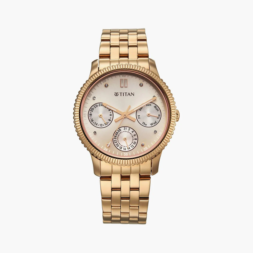 Titan Analog Women's Watch with White Dial and Rose Gold Stainless Steel Strap, 2765WM02
