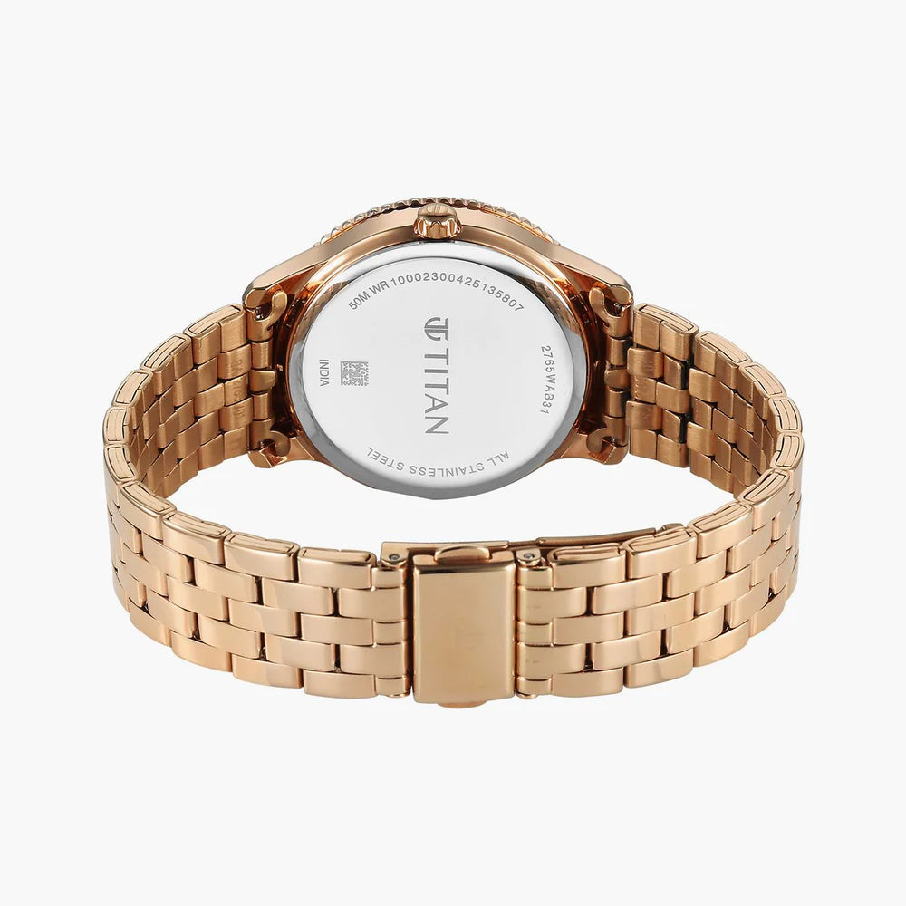 Titan Analog Women's Watch with White Dial and Rose Gold Stainless Steel Strap, 2765WM02