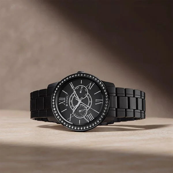 Titan Royale Men's Multifunction Watch Analog Marble Dial Black Stainless Steel Band, 10002NM01
